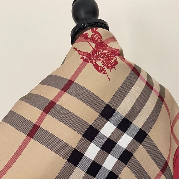 NWT Burberry Scarf House Check Beige Red Border Logo Silk Wrap - Picture 8 of 16